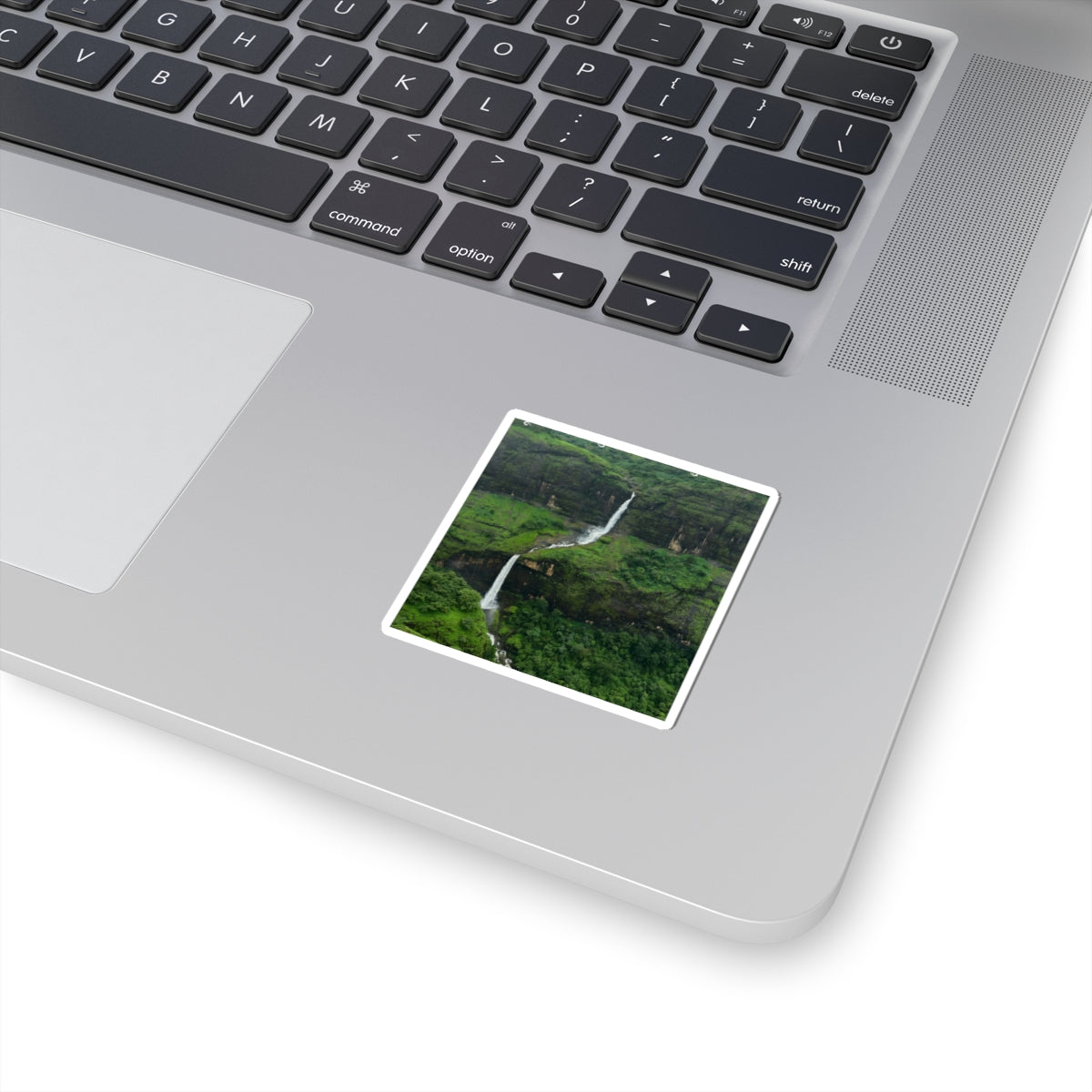 Waterfall Landscape Kiss-Cut Sticker — Lush Green Nature Laptop Decal