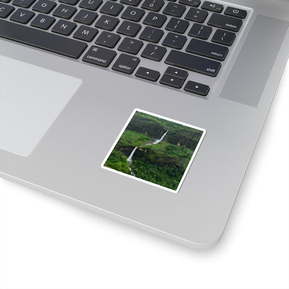 Waterfall Landscape Kiss-Cut Sticker — Lush Green Nature Laptop Decal