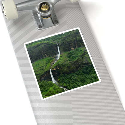 Waterfall Landscape Kiss-Cut Sticker — Lush Green Nature Laptop Decal