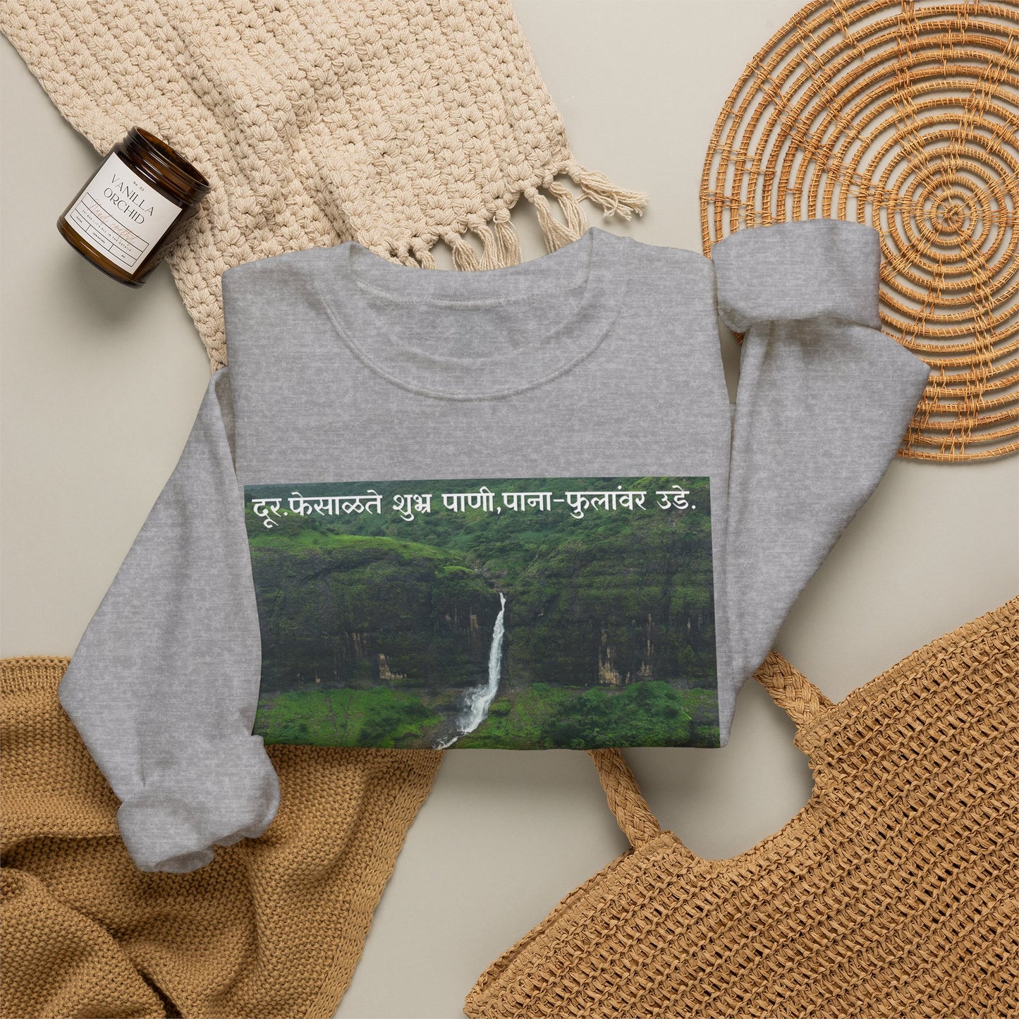 Waterfall Photography Sweatshirt — Scenic Green Landscape Crewneck