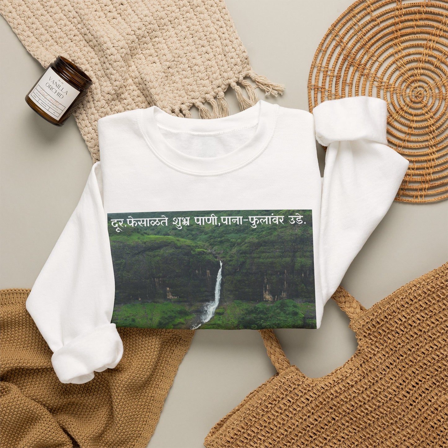 Waterfall Photography Sweatshirt — Scenic Green Landscape Crewneck