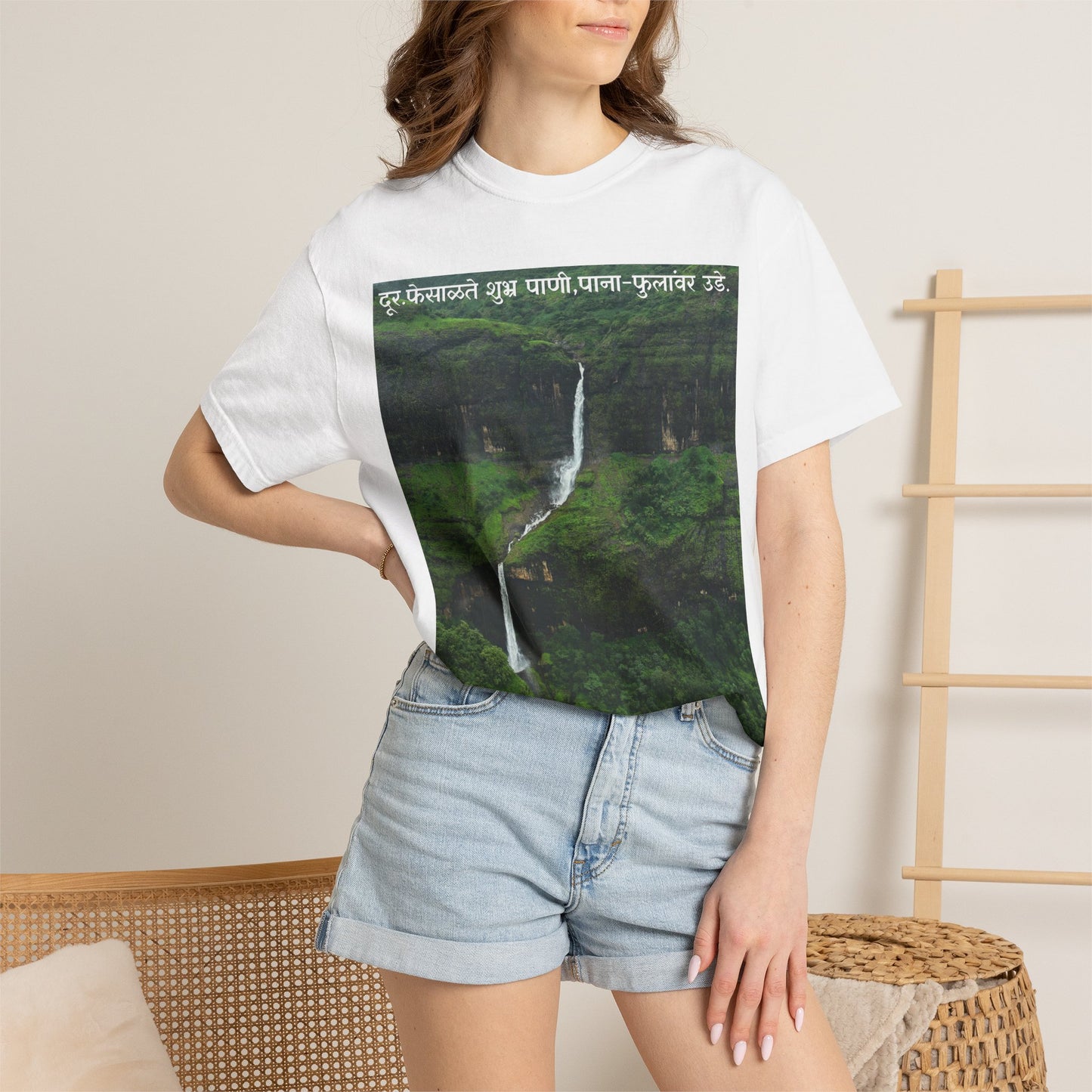 Waterfall Photo T-Shirt with Marathi Text — Scenic Nature Tee