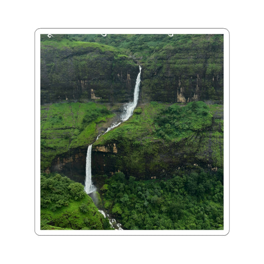 Waterfall Landscape Kiss-Cut Sticker — Lush Green Nature Laptop Decal