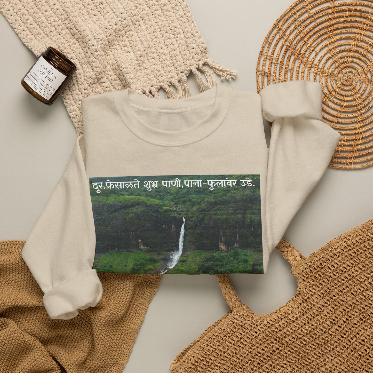 Waterfall Photography Sweatshirt — Scenic Green Landscape Crewneck