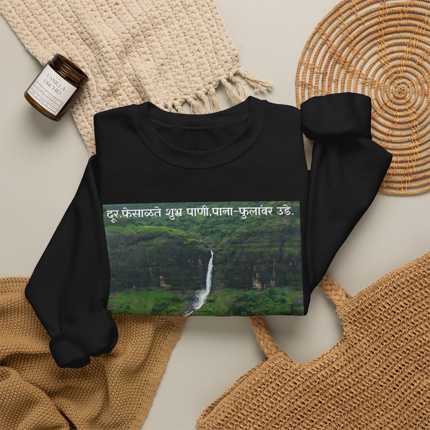 Waterfall Photography Sweatshirt — Scenic Green Landscape Crewneck