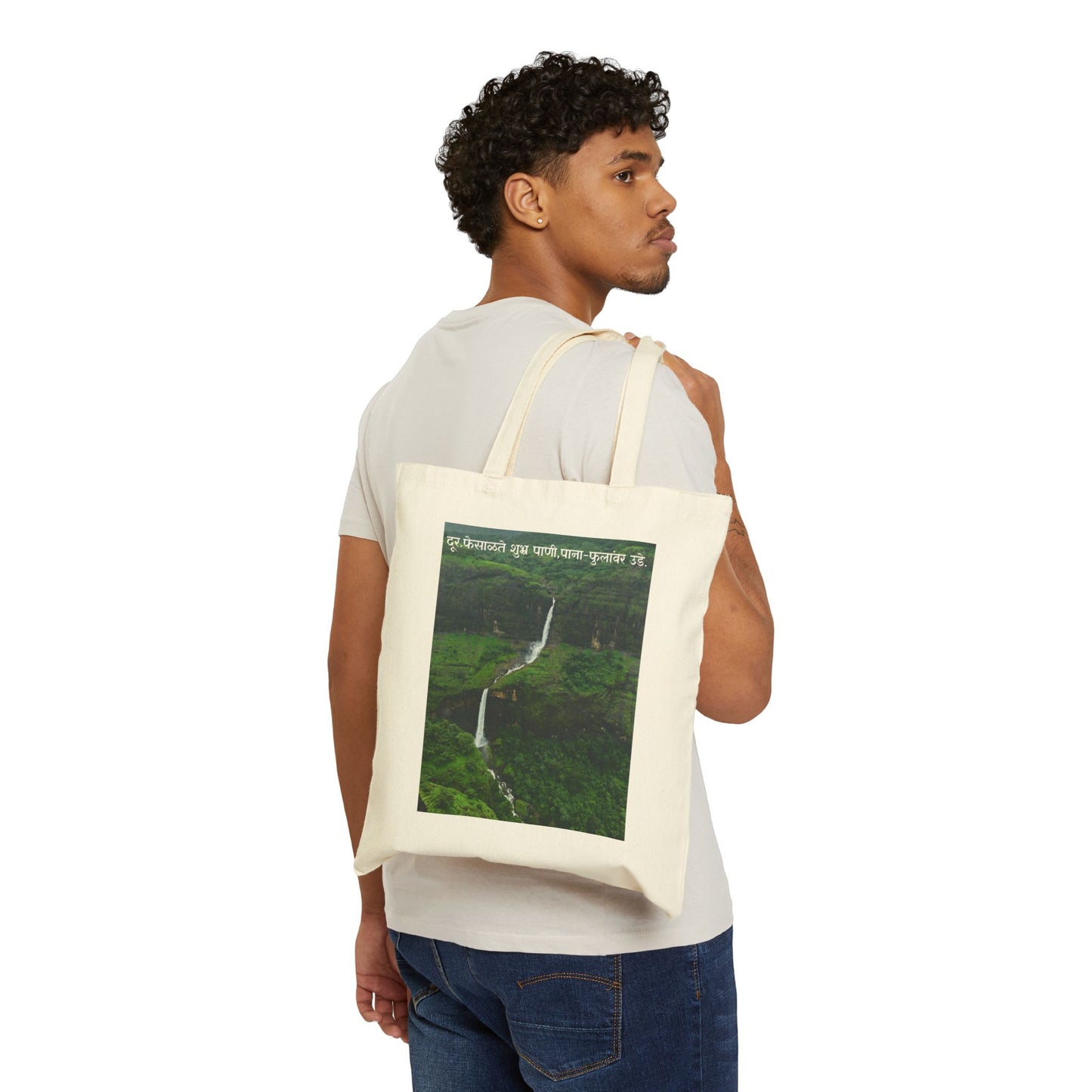Tote Bag — Waterfall Scenic Canvas Tote with Hindi Nature Quote