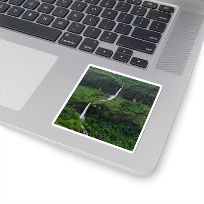 Waterfall Landscape Kiss-Cut Sticker — Lush Green Nature Laptop Decal