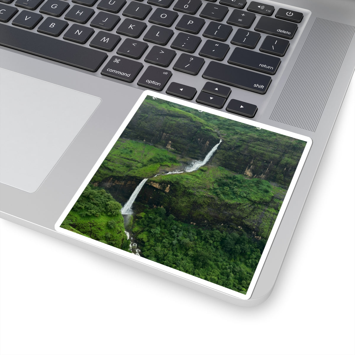 Waterfall Landscape Kiss-Cut Sticker — Lush Green Nature Laptop Decal